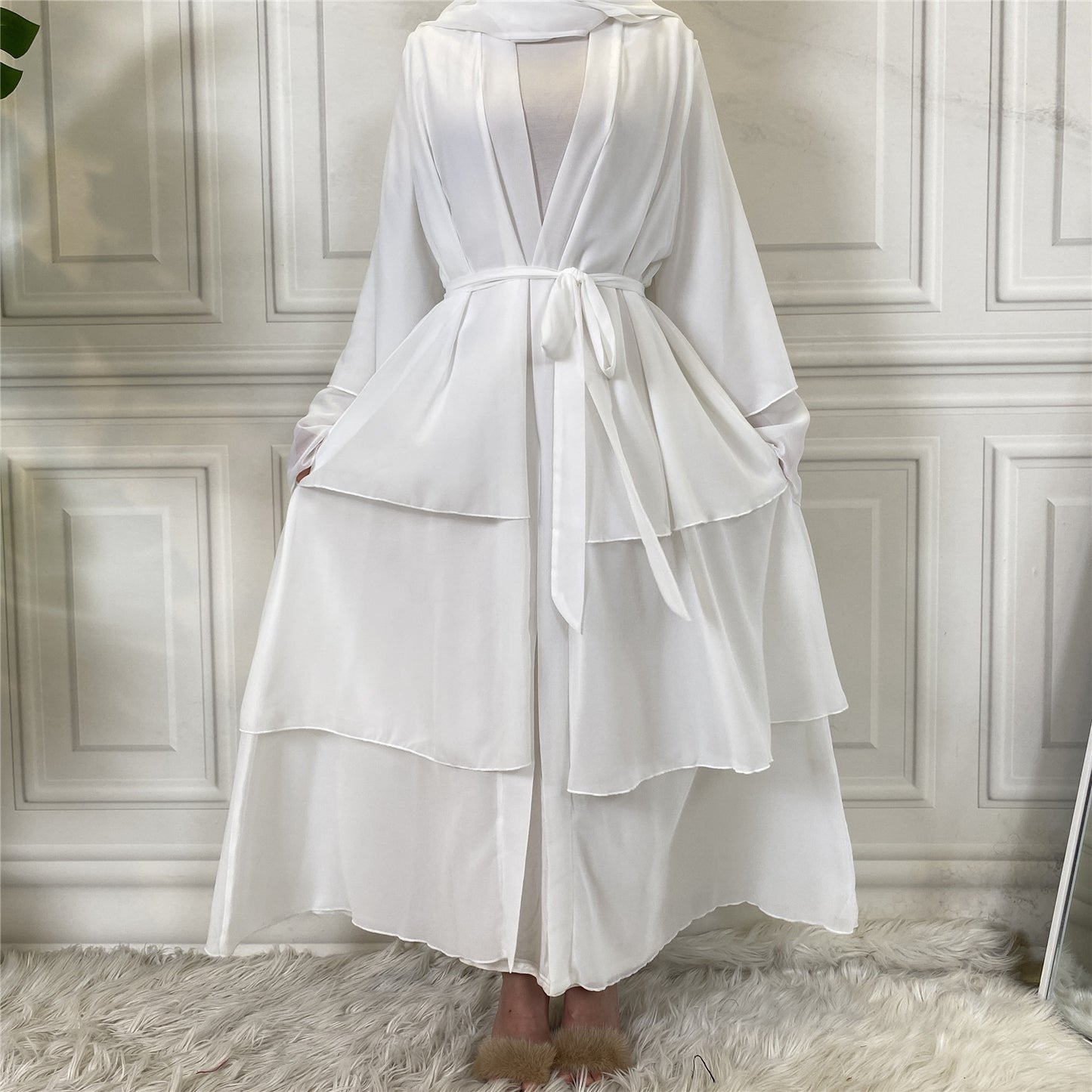 White - Chiffon Layered Open Abaya