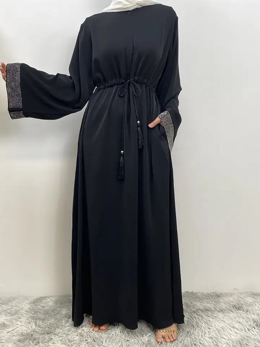 Asiya Rhinestone Sleeve Abaya- Black