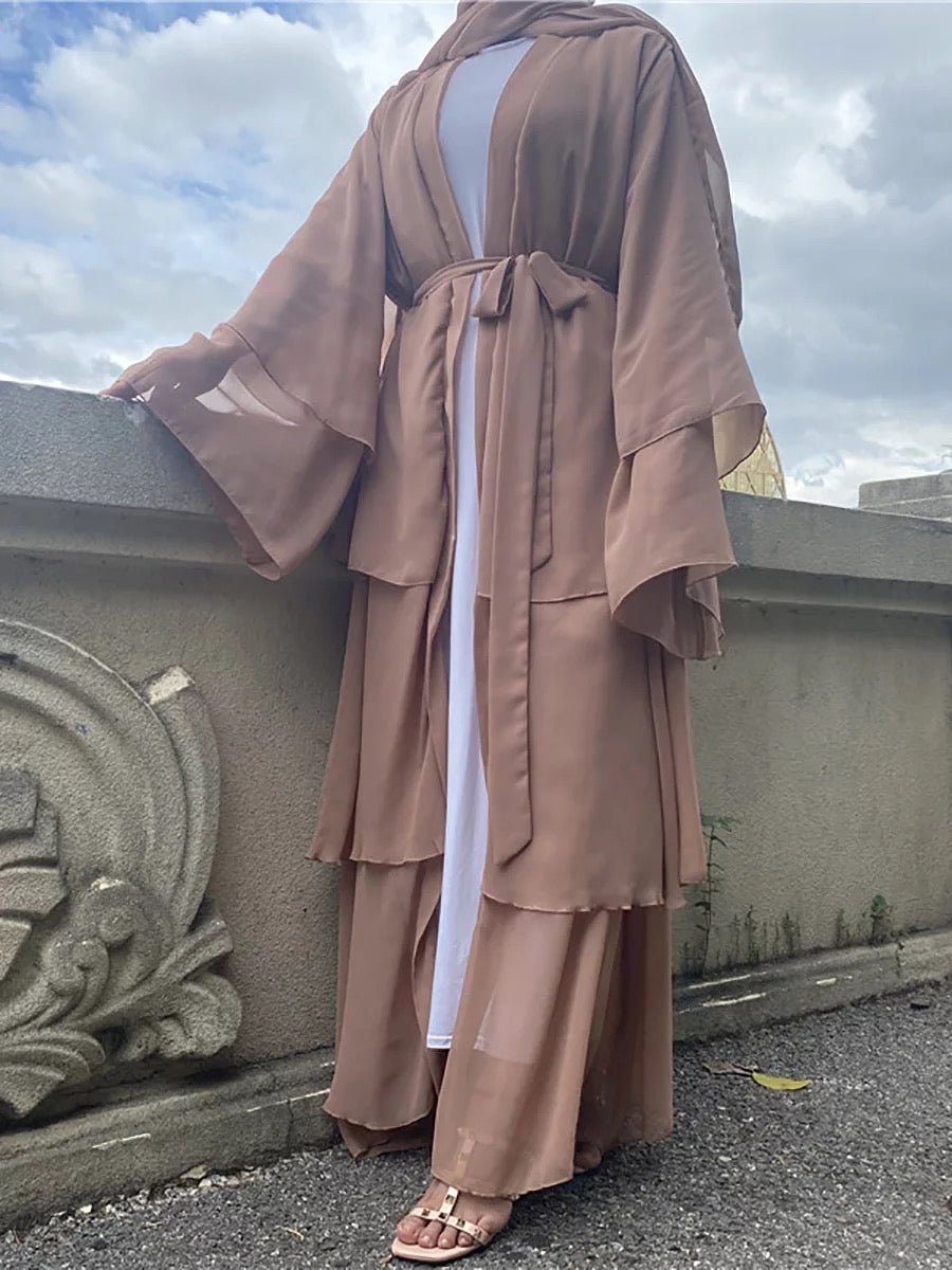 Brown - Chiffon Layered Open Abaya