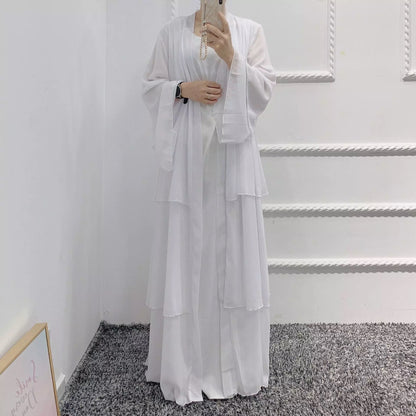 White - Chiffon Layered Open Abaya